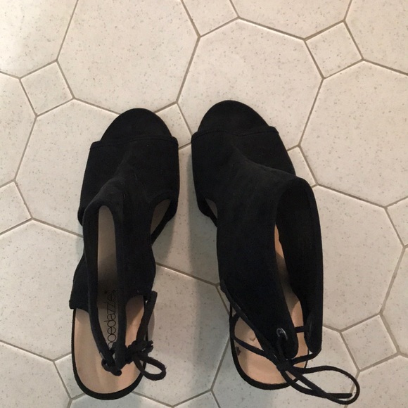 Black Suede Peep Toe Heels - Picture 2 of 6